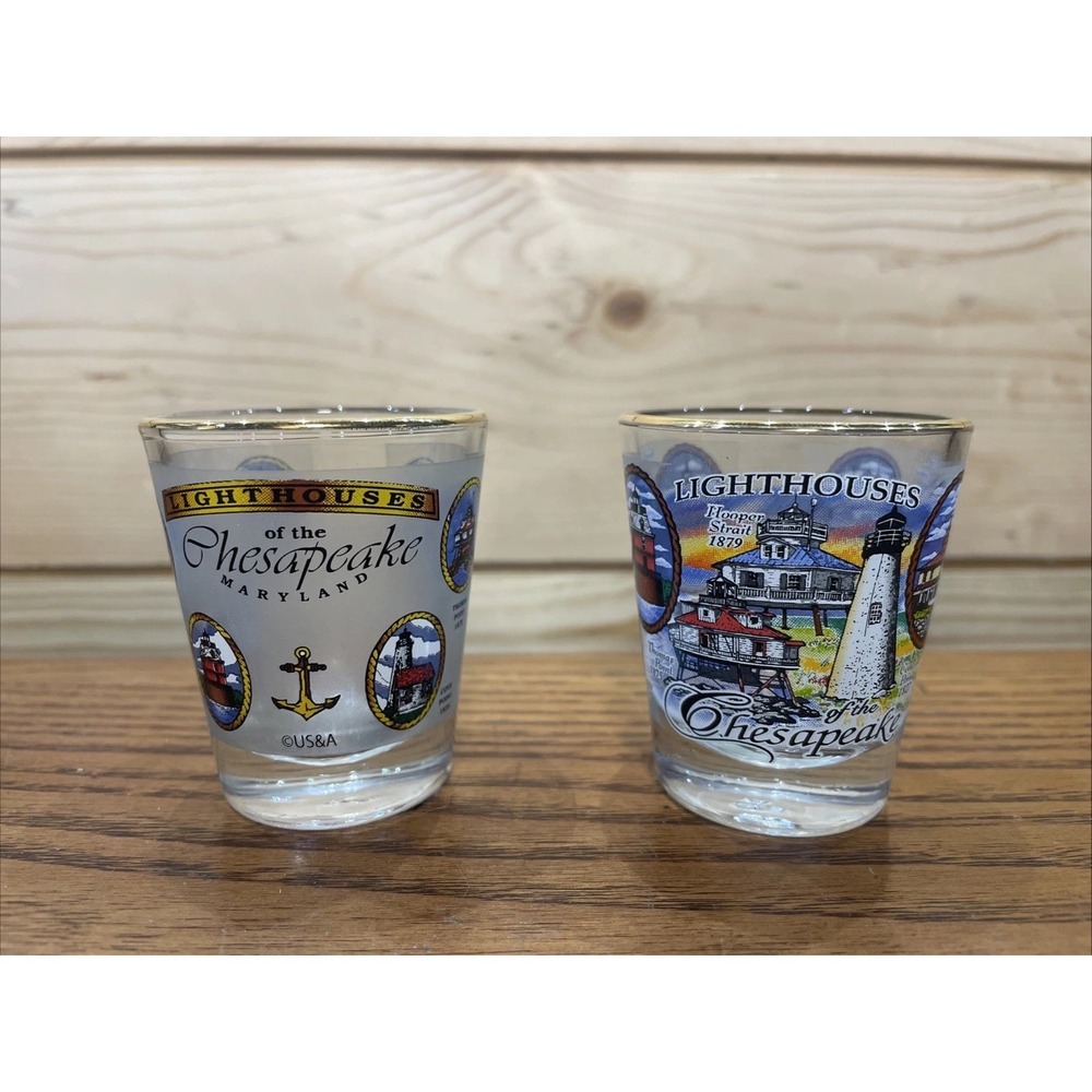 2 Light Houses Of The Chesapeake Maryland Shot Glass Souvenir Historic Locations